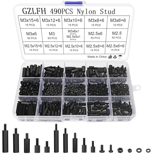 GZLFH 490 Stk Hex Spacer, Nylon Schraube M2.5 M3 Schwarz Sechskant Abstandsbolzen Muttern Washer Sortiment Kit für Computers & Mainnboard Reparatur Zubehör