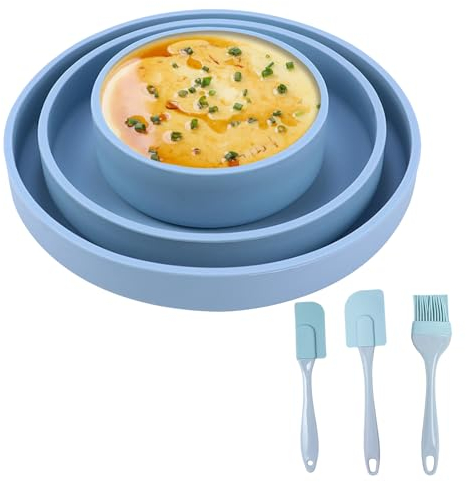 Molde para Huevos para Freidora de Aire, 3 Piezas Molde de Silicona Hornear Redondo, Cocedores de Huevos para Microondas con Pincel de repostería, Apilable de Bandeja Antiadherente para Hornear (Azul)