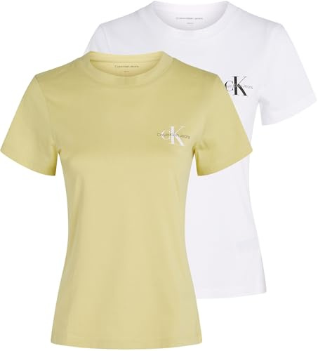 Calvin Klein Women’s 2 Pack Monologo Short Sleeve Slim Fit T-Shirts, Multicolor (Muted Lime/Brilliant White), M