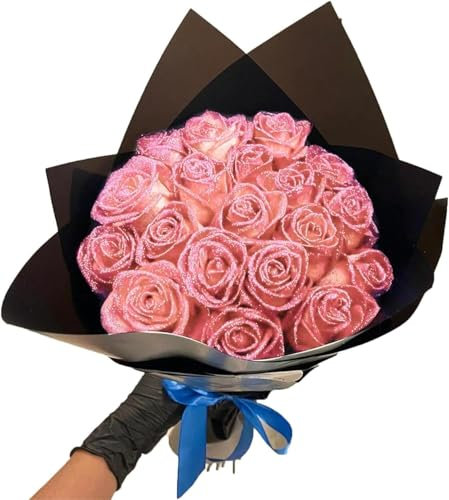 Doxenem Glitter for Flowers,Glitter Rose Bouquet Red Artificial Rose Flowers Bouquet Shiny Fake Roses Bouquet,DIY Love Gifts for Valentine's Day,Anniversary,Engagement - Self-Assembly (pink, 24roses)