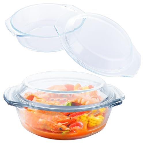 LOPYXBR 2pcs Small Casserole Dish with Lid 0.7L Glass Oven Dish with Lid, Round Microwave Dishes with Lids Clear for Veggies Stews Meat Cookies Desserts, Oven Safe, Freezer Safe, Microwave