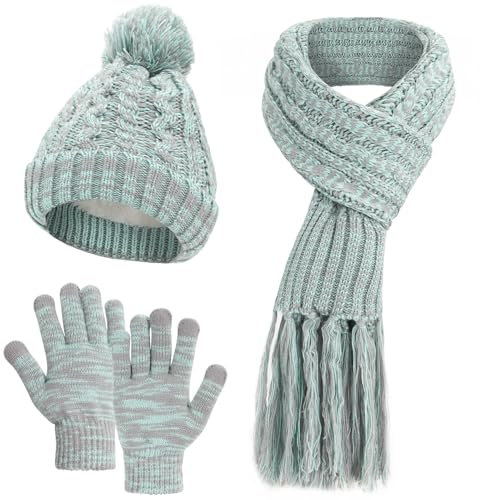 DiaryLook Mütze Schal Winter Handschuhe sets für Damen Strick set Fleece Loop Damen Schals Winterschal Knitted Pom Pom Cap,Silver Gray
