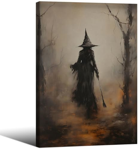 Wbstgue-Vintage-Poster im rustikalen Hexen-Stil Halloween-Wanddeko auf Leinwand, Gemälde „Hexe im Wald“, Drucke im Gothic-Stil, dunkle, stimmungsvolle Wanddeko für Wohnzimmer und Schlafzimmer, ca. 61