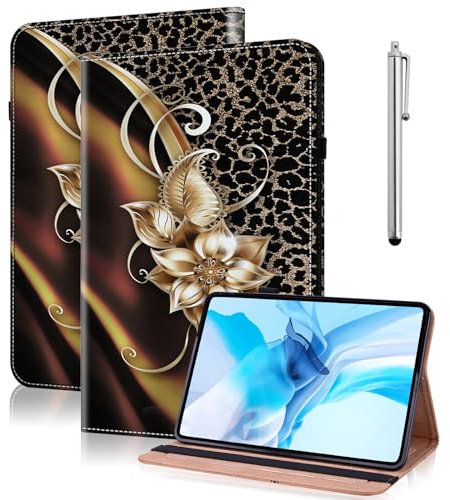 TUOLISG Case for Kindle Fire HD 10 Plus& Fire HD 10 (11th/13th Generation 2021/2023 Release),PU Leather Flip Cover with Stand Functional Card Slot and Elasticized Closure,Metallic flower