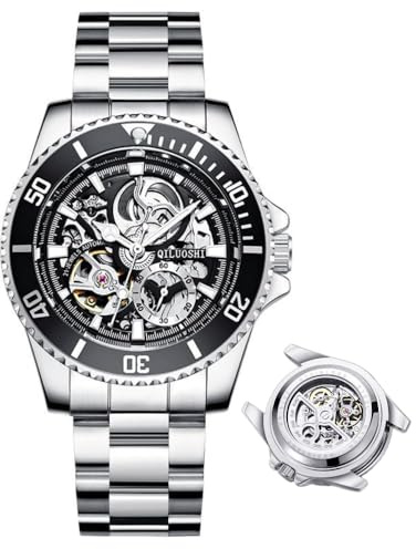 DAXIAOYU Herrenuhr Vollautomatische Mechanische Uhr Hohl Mode Wasserdicht Student Male Watch Water Ghost Series Tourbillon Uhr, silber, schwarz, Luxuriös