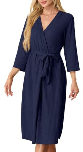 PrinStory Women Long Dressing Gowns Waffle Knit Kimono Robes Soft Womens Bathrobe Casual Ladies Loungewear (Navy Blue, L)