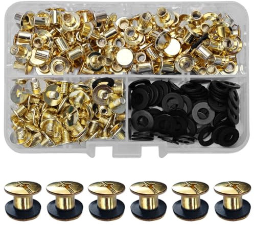 SHSMPXOY 90 Juegos Remaches Tornillo Encuadernacion, M5*6Tornillos de Chicago,Remaches de Tornillo Para Cuero Reparación para Bolsos, Libros, Collares, Mochilas, Correas de Perro, Correas (Oro)