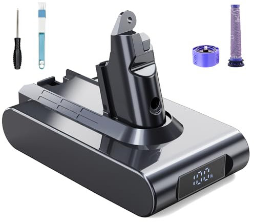 EVARY 6000mAh Batería de Reemplazo con Pantalla de Indicador de Carga para Dyson Aspiradora V6 DC62 DC58 DC59 DC61 DC72 DC74 SV03 SV05 SV06 SV07 SV09 (2 Filtros + 1 Cepillo)