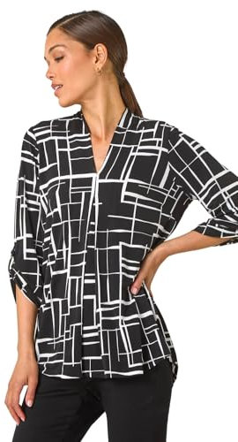 Roman Originals Leaf V Neck Stretch Jersey Top for Women UK Ladies Pleated Shirt Notch V Neck Blouse Summer Tunic Spring Pull-On Soft Evening Holiday Work Party Everyday - Onyx White - Size 12