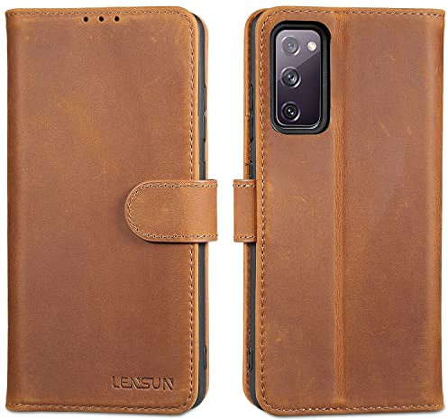 LENSUN Echtleder Hülle für Samsung Galaxy S20 FE, Handyhülle [Echtes Leder] [Standfunktion] Handytasche Flip Lederhülle für Galaxy S20 FE 4G/5G/2022 - Vintage Braun