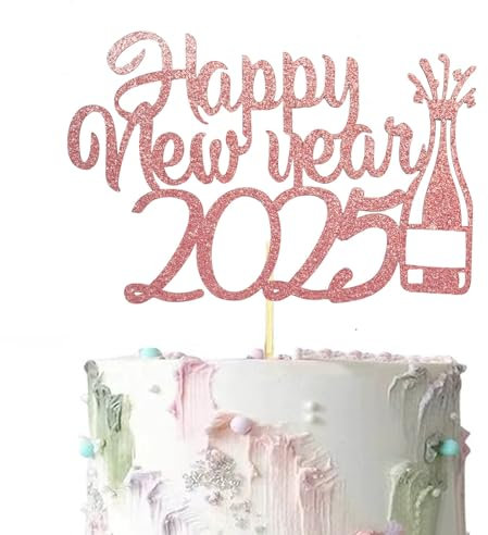 Happy New Year Cake Topper, Rose Gold Glitter Welcome to 2025 Cake Topper, Hello 2025, Cheers to 2025 Cake Picks for Happy New Year Eve Holiday Party Decoration
