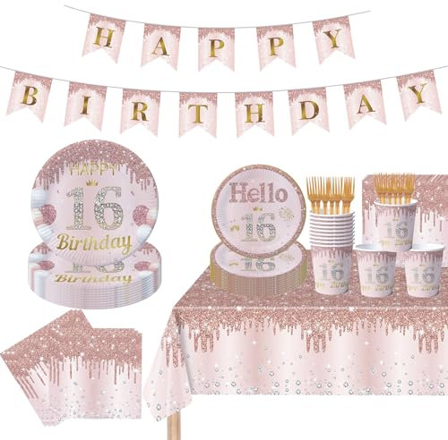 Sweet 16th Birthday Party Decorations for Girls Rose Gold Sweet Sixteen Plates Napkins Banner Party Supplies for Girls Birthday Party Decorations Serve 24 (16th)