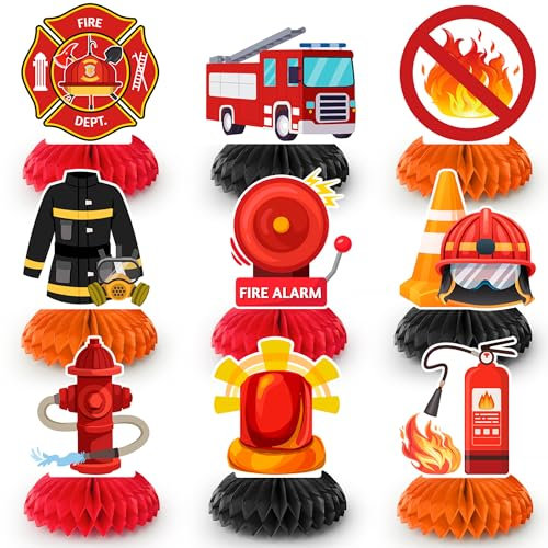 Centrotavola a Nido D'ape per Camion dei Pompieri, 9 Pcs Decorazione da Tavolo per Feste a Tema Pompieri a Nido D'ape per Decorazioni per Feste di Compleanno a Forma di Camion dei Pompieri