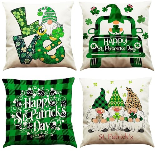 BINXWA St Patricks Day Kissenbezug 45x45, Kissenbezüge 4er Set, Kleeblatt deko sofakissen, Kissenbezug grün, st Patricks Day Accessoires, Geeignet für st. Patricks Day deko Wohnzimmer