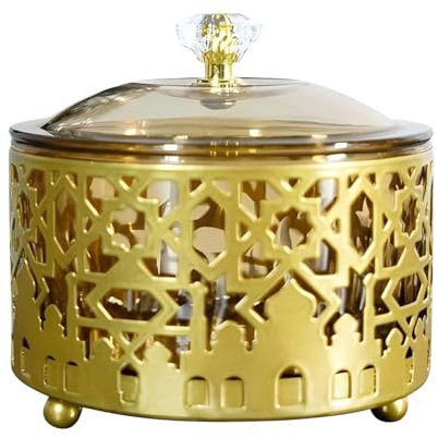 Ramadan Metal Dessert Tray with Lid, Gold Eid Mubarak Serving Platter Middle Eastern Arabian Eid Al-Fitr Food Storage Container and Table Decoration for Cookies Candy Nuts and Snacks (A)
