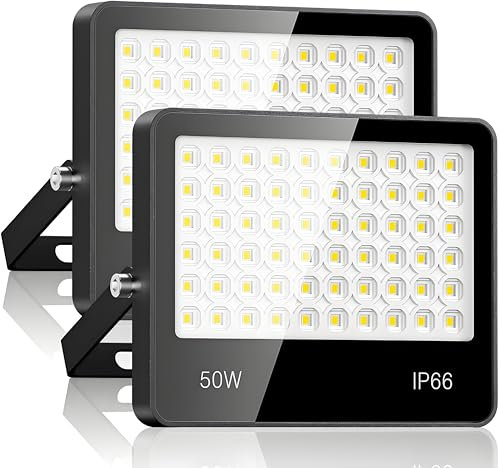 LED Strahler Außen 50W 2 Stück - 5000LM 6500K Kaltweiß Superhell LED Fluter Außen, IP66 Wasserdicht außenstrahler Scheinwerfer für Stadion, Terrasse, Straße, Garage
