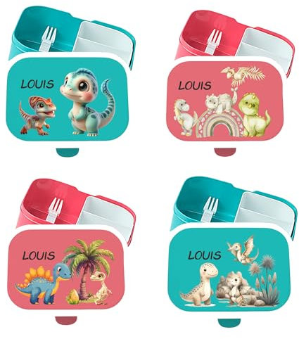 wolga-kreativ Mepal Campus Brotdose Kinder mit Fächern - Personalisierte Lunchbox mit Namen für Schule, Kindergarten und Einschulung - Motiv Dino - Brotbüchse mit Unterteilung Kinder