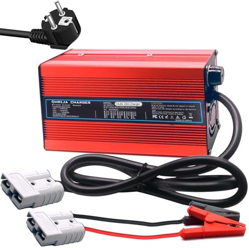 OHRIJA Chargeur de Batterie Lifepo4 14,6 V 20 A pour Batteries Lithium-Fer-Phosphate, Charge Rapide, Rouge avec connecteur Crocodile.