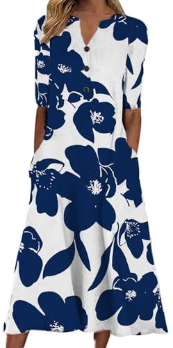 Boho Dresses for Women UK Clearance Italian Short Sleeve Button V Neck Dress with Pocket Ladies Floral Casual Sundress Elegant Swing Midi Dress Loose Pullover Lounge Dresses Beach Holiday Sundress