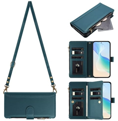 Rnrieyta Crossbody Reißverschluss Handyhülle für Huawei P30 Pro,Flip Case PU Leder Handykette Magnetverschluss Brieftasche mit 9 Kartenfächern Standfuntion Retro Tasche