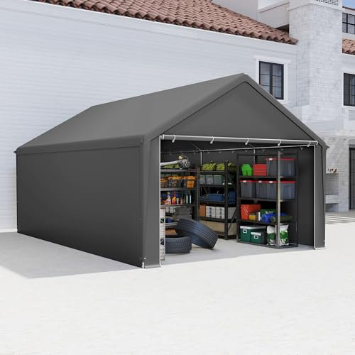 Aufun Carport, tenda da garage impermeabile, 4 x 6 m, con tetto in polietilene, resistente agli strappi, con pareti laterali rimovibili, resistente ai raggi UV, per auto, SUV, camion, barca, grigio