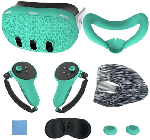 Silicone Cover Set Compatible with Oculus/Meta Quest 3, VR Accessories Protective Cover Includes Controller Grips, Front Shell Headset Cover and Face Cover, Lens Protector, Gift for Christmas (Green)