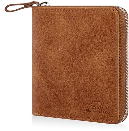 BROWN BEAR Geldbörse Leder klein Reißverschluss mit Münzfach - BB Max CBR | Echtleder Braun Cognac Vintage RFID-Schutz Mini Portemonnaie für Damen & Herren BB Design Geldbeutel Zip umlaufend