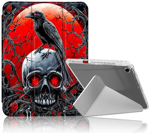 DISUOFEART for iPad 9th/ 8th/ 7th Generation Case 10.2 Inch, Raven on Skull with Red Moon Slim Stylish Clear Protective Cover with Pencil Holder, Multi-Angle Folding Y-Shaped Stand & Auto Sleep/Wake