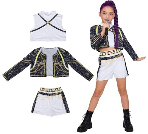 Disfraz de ídolo K-pop Oirigaga para niña, conjunto de cosplay Huntrix con chaqueta, camiseta sin mangas y pantalones cortos, disfraz de estilo anime Hunter para carnaval, Mardi Gras y juegos de rol