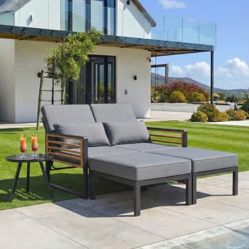 Merax Garten-Lounge-Set 2-4 Personen, Outdoor Daybed & Doppel-Liege, 2-in-1 Gartensofa mit Glastisch,Verstellbarer Rückenlehne, wetterfestes Balkon Sofa, für Terrasse & Garten