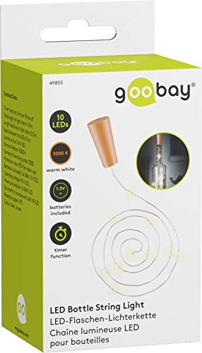 goobay 49855 Flaschenlicht mit 10 LED, 1m Lichterkette zum Einlegen in Flaschen, Deko Licht mit Batterien im Korken und Zeitschalter
