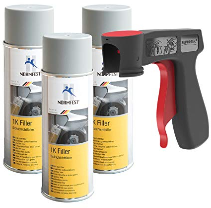 AUPROTEC Pistolengriff + Normfest 1K Dickschichtfüller Multi Filler Lack Füller Grundierung Primer Füllspray 3x 400ml