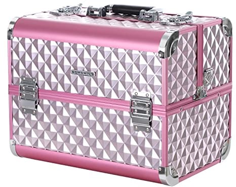 SONGMICS Kosmetikkoffer Schminkkoffer Schminkaufbewahrung Beauty Case Schminkkasten Multikoffer Etagenkoffer mit Diamant-Muster Silbernes Pink 36 x 28 x 23 cm JBC319P