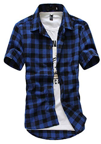 LuckyGirls Manches Courtes Hommes en Treillis à Carreaux Peinture Grande Taille Casual Top Blouse Chemises(Bleu foncé,XX-Large)