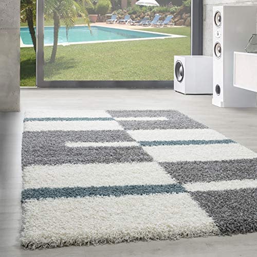SIMPEX Wohnzimmer Teppich Shaggy und Flauschiger Moderne Kariert Design Türkis 200 x 290 cm - Teppich Schlafzimmer Extra Weich Pflegeleicht Waschbarer - Carpet Living Room Rug