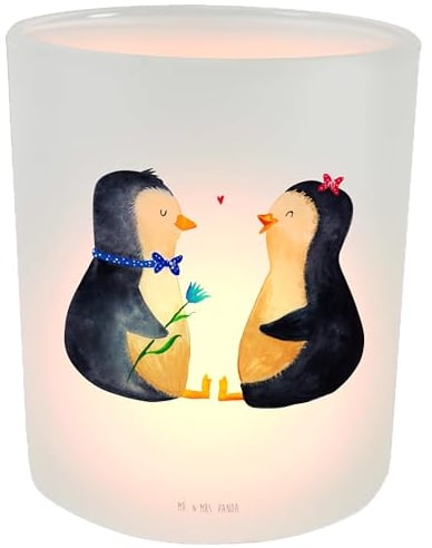 Mr. & Mrs. Panda Windlicht aus Glas Pinguin Pärchen - Geschenk, Teelichthalter, Windlicht Kerze, Glas Windlicht, Teelichter, Traumpaar, Hochzeit,
