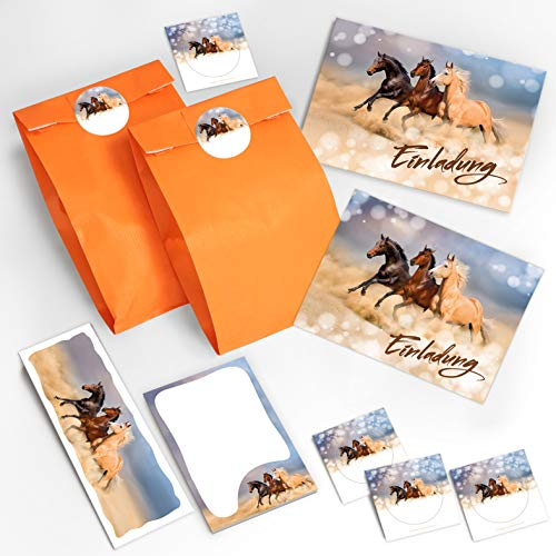 JuNa-Experten 12 Einladungskarten Kindergeburtstag Mädchen drei Pferde/Pferd incl. 12 Umschläge, 12 Tüten/orange, 12 Aufkleber, 12 Lesezeichen, 12 Blöcke