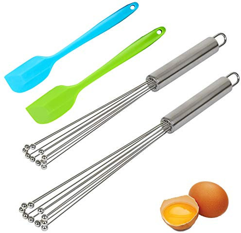 2 Stück Stahlkugel-Schneebesen (25,4 cm + 30,5 cm) + 2 Stück Silikon-Spatel, manueller Edelstahl-Kugelmischer, Küchenhelfer zum Rühren, Mischen, Kochen