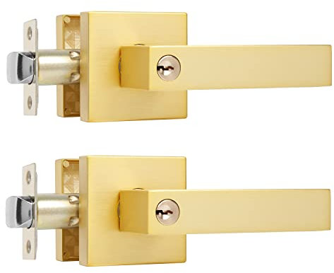 Leydebong Confezione da 2 maniglie dorate con chiave uguale, leva per porta d'ingresso, maniglie per porte interne/esterne con serratura e chiave, accessori moderni per porta d'ingresso