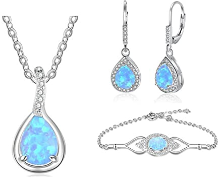 LOKILOKI 925 Sterling Silber Schmuck Sets Für Frauen Zirkonia Blau Opal Armband Ohrringe Kette Halskette Schmuck Sets
