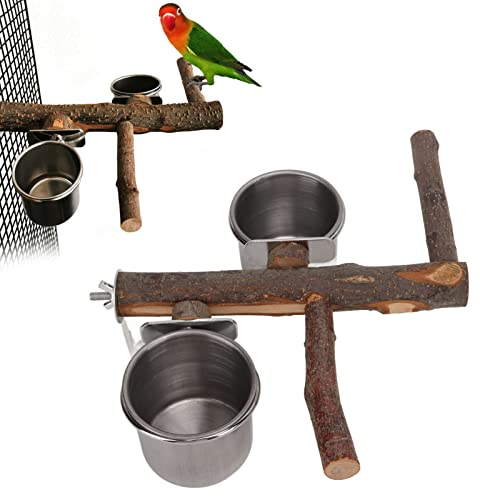 Bol d'alimentation pour Oiseaux, Gamelle pour Oiseaux, 33 cm Support en Bois et Gamelle en Acier Inoxydable, Distributeur de Perchoirs, Combinaison Mangeoire pour Petites Perruches de Taille Moyenne