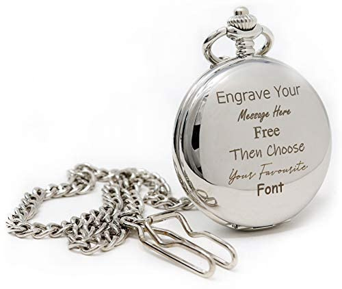 Regalo Personalised Engraved Customised Silver Chrome Pocket Watch in Gift Box for Best Man | Wedding | Dad Father's Day | 65th Birthday | Retirement for Men | 40th Birthday | Christening |