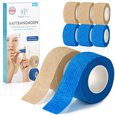 Health Press® Fingerpflaster Selbsthaftend – 8x Pflaster Rolle (2,5cm x 4,5m) – Verband Selbstklebend – Elastisches Tape wasserfest – Staub-, Fett- & Schmutzabweisendes Pflasterband (4 Blau + 4 Beige)