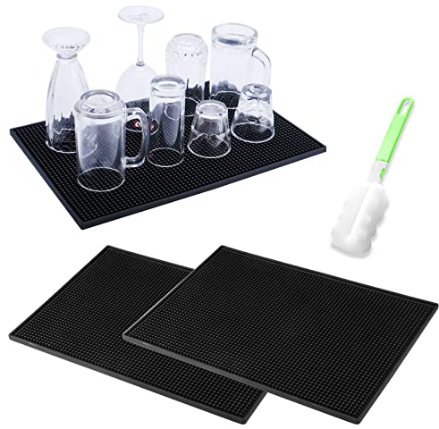 Dan's 2 Tapis de Bar, Tapis D'égouttage 30 X 15 Cm, Tapis D'égouttage en Silicone, Tapis De Service Pour Bar Club Cuisine Café, Noir, Avec Brosse de Nettoyage