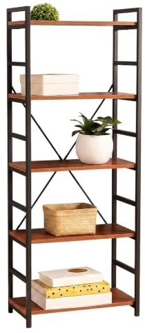 Premier Housewares Red Pomelo 5 Tier Shelf Unit With Black Powder-Coated Metal Frame|Compact Wall Shelving Unit For Home Office|Industrial Bookcase Unit For Decorative Items