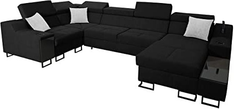 Ecksofa Nadadu IV Mini, Eckcouch mit Schlaffunktion Bettkasten, einstellbaren Kopfstützen, Lampe mit USB-Anschluss, Barfach, U-Form Polsterecke (Uttario Ve. 2980 + Uttario Ve. 2973, Seite: Rechts)