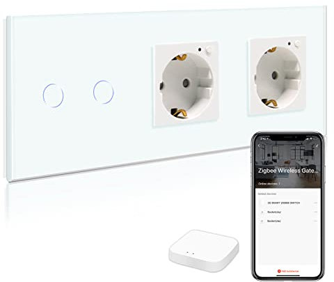 BSEED Smart ZigBee Lichtschalter mit doppelt Steckdose, Alexa ZigBee Steckdose mit Verbrauchsmessung, 2 Fach 1 Weg Schalter arbeitet mit Alexa und Google Home Weiß (Tuya ZigBee Hub erforderlich)