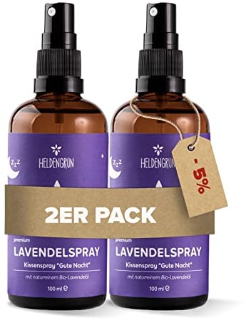 Heldengrün® Lavendelspray Gute Nacht [Bio-LAVENDELÖL] Dermatologisch getestet - Lavendelspray für Kopfkissen - Blumig & frisch - Lavendel Kissenspray & Raumspray - 2 x 100 ml