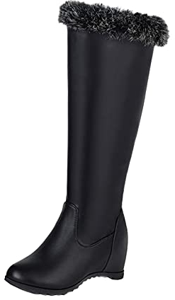 Invernali Stivali Tacco Eleganti Donna Cerniera Laterale in Peluche in Pelle Tinta Unita Moda Donna all'Interno Stivali Lunghi in Cotone con Tacco a Zeppa