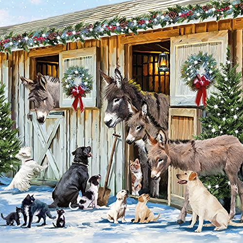 20 Servietten Tiere besuchen sich im Winter | Esel | Hund | Bauernhof | Weihnachten | Tischdeko | Fest | Feier | basteln | Decoupage | Serviettentechnik 33x33cm